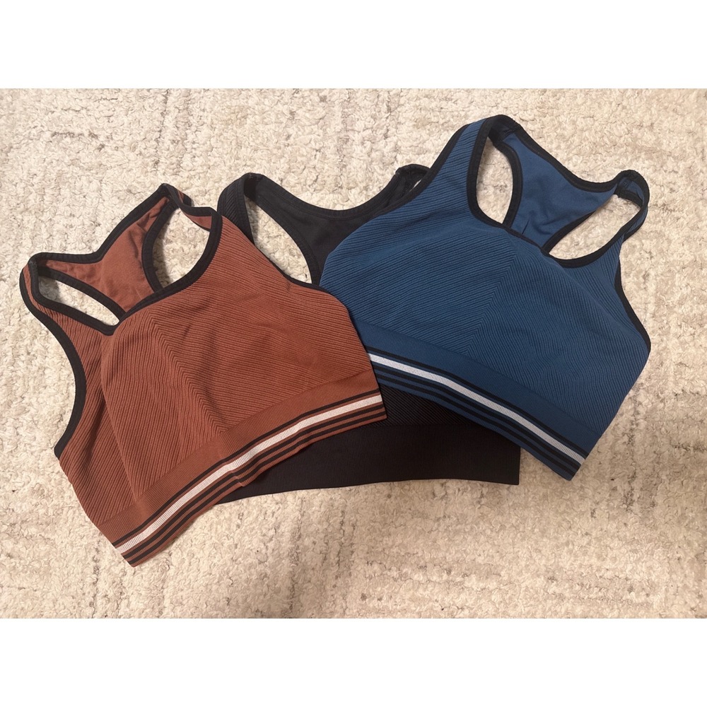 Members Mark Womens Seamless Racerback Sports Bra 3 Pack Blue Rust Black Size M